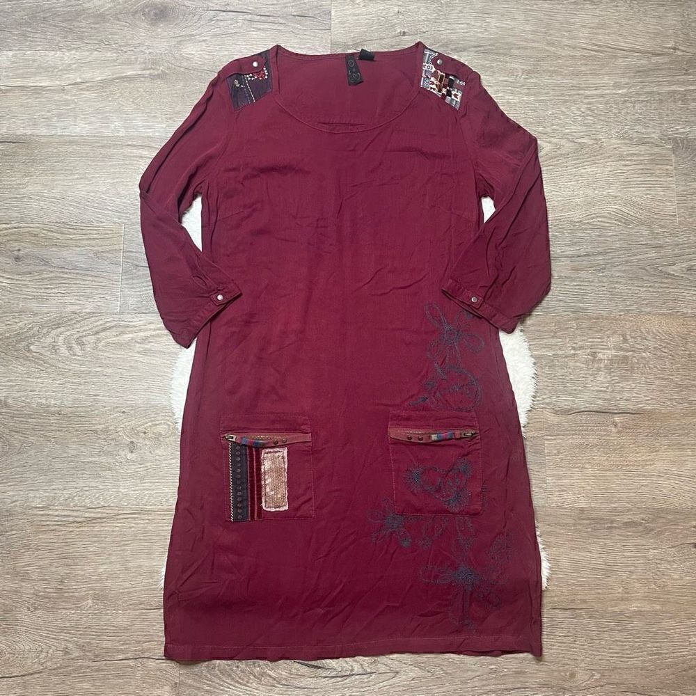 Desigual Dress 3/4 Sleeve Viscose Red Burgundy Zip Pockets Size 40 Medium